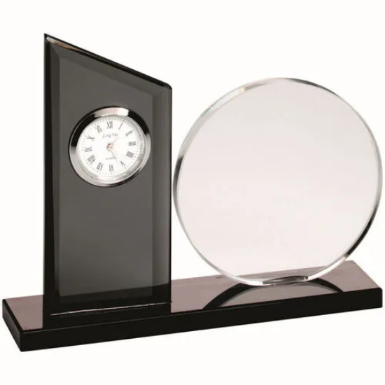 CLEAR/BLACK GLASS CLOCK AND ROUND PLAQUE -   5.25in