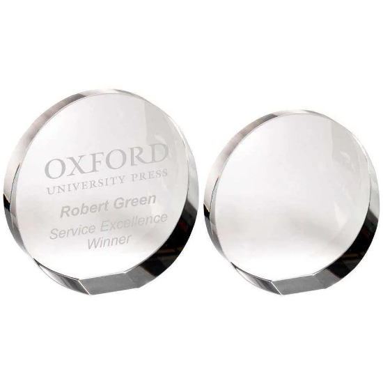 CLEAR GLASS ROUND WEDGED PAPERWEIGHT (FLAT OR STANDING)