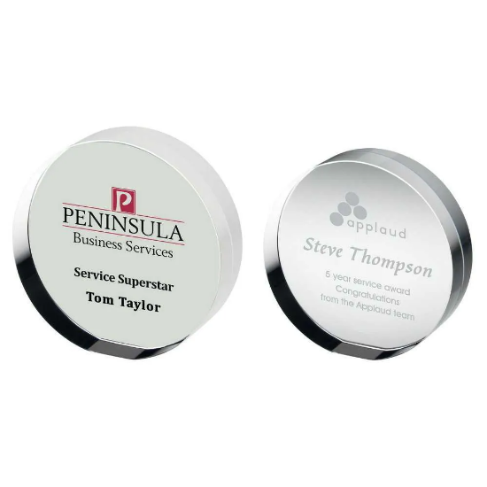 CLEAR GLASS ROUND FREESTANDING PAPERWEIGHT (30mm THICK)