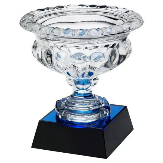 CLEAR GLASS BOWL ON BLUE/BLACK BASE (APPROX 7" DIA) - 8.25in
