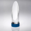 CLEAR GLASS ROUND COLUMN ON BLUE METAL BASE (70mm DIAMETER) - 8.5in