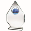 CLEAR GLASS DIAMOND PLAQUE WITH BLUE GLOBE -  (15mm THICK) 9in