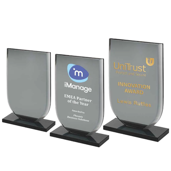 SMOKED BLACK GLASS SHIELD PLAQUE (10mm THICK)