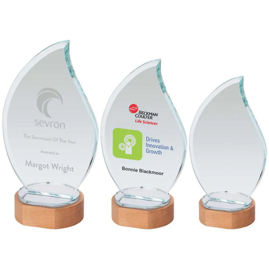 CLEAR GLASS FLAME ON LIGHT WOOD BASE (10mm THICK)