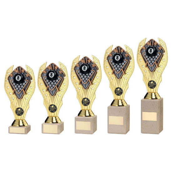 GOLD PLASTIC HOLDER + POOL DISC ON CREAM MARBLE TROPHY (1in CEN)