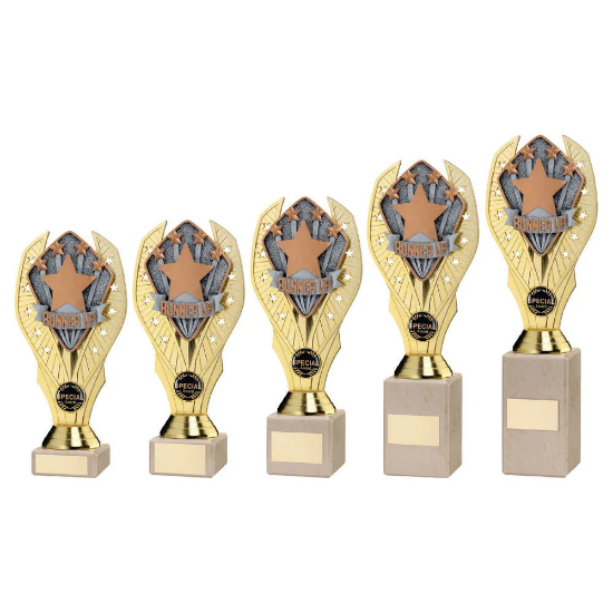 GOLD PLASTIC HOLDER + STARS DISC ON CREAM MARBLE TROPHY (1in CEN)