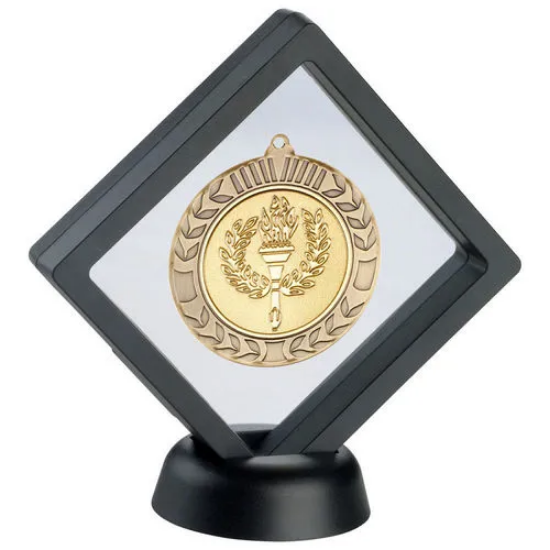 BLACK/CLEAR PLASTIC MEDAL BOX WITH STAND (FOR 70mm MEDAL) - 6in