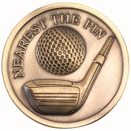 GOLF MEDALLION ANTIQUE GOLD NEAREST THE PIN - 2.75in