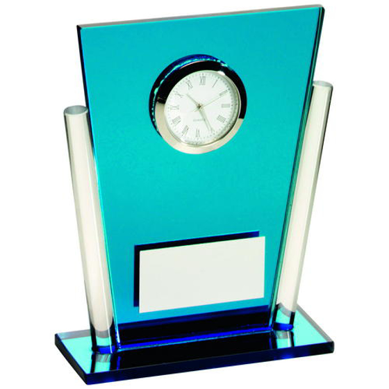 Blue/clear Glass Tapered Rectangle Clock Trophy - 5.25in (133mm)