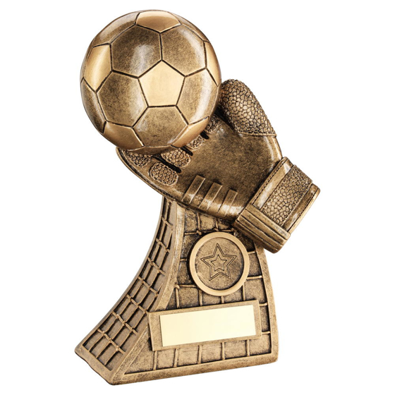 Brz/gold Football And Goalkeeper Glove On Net Base Trophy (1in Centre) - 7.25in (184mm)