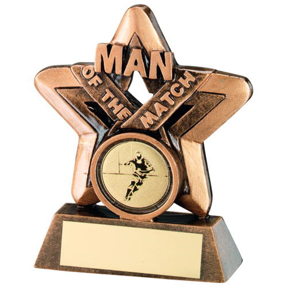Brz/gold Man Of The Match Mini Star With Rugby Insert Trophy - 3.75in (95mm)