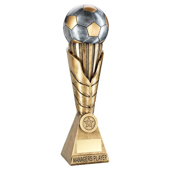 Brz/pew/gold Football On Leaf Burst Column Trophy (1in Centre) - Managers Player (305mm)