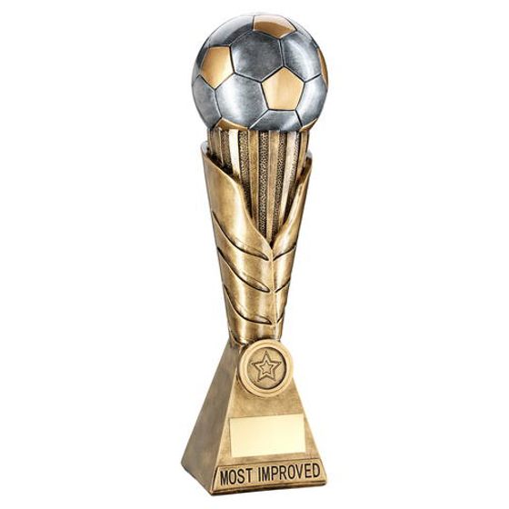 Brz/pew/gold Football On Leaf Burst Column Trophy (1in Centre) - Most Improved (305mm)