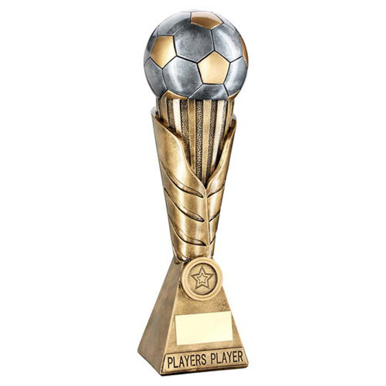 Brz/pew/gold Football On Leaf Burst Column Trophy (1in Centre) - Players Player (305mm)