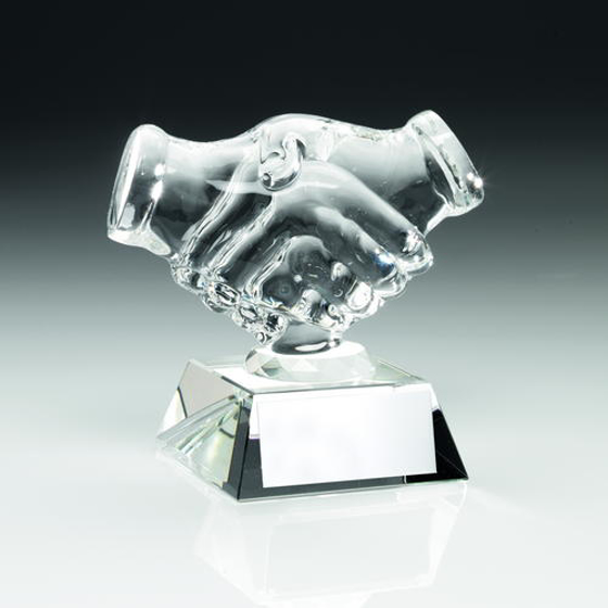 Clear Glass 'handshake' Trophy - 4.25in (108mm)