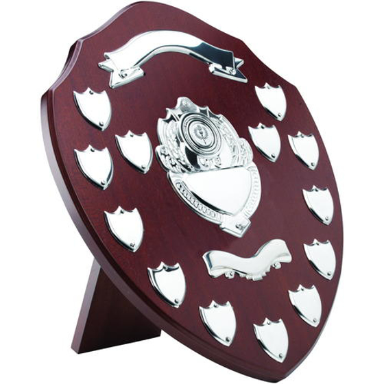 Mahogany Shield With Chrome Fronts And 13 Record Shields (1in Centre) - 14in (356mm)