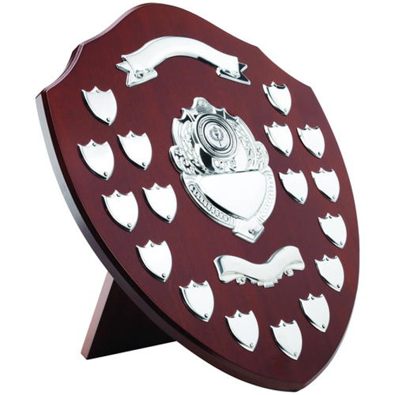 Mahogany Shield With Chrome Fronts And 17 Record Shields (1in Centre) - 16in (406mm)