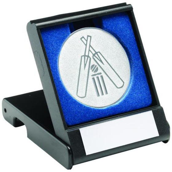 Black Plastic Box With Cricket Insert Trophy - Silver 3.5in (89mm)