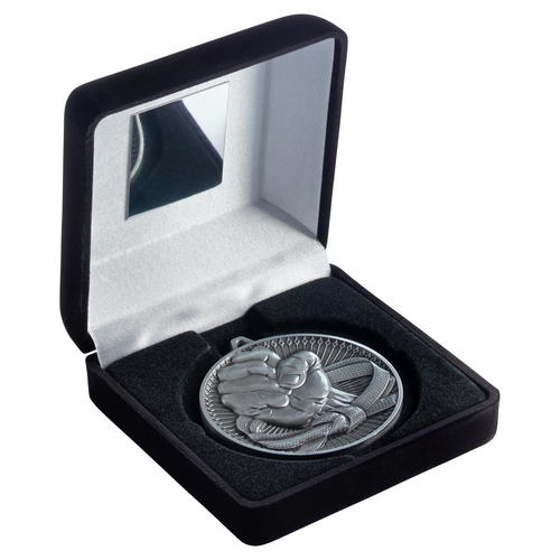 Black Velvet Box And 60mm Medal Martial Arts Trophy - Antique Silver - 4in (102mm)