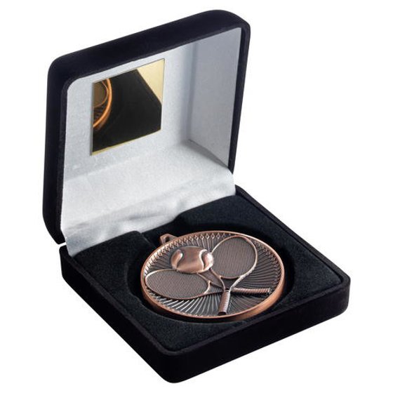 Black Velvet Box And 60mm Medal Tennis Trophy - Antique Gold - 4in (102mm)