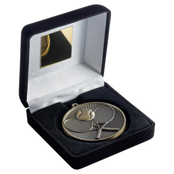 Black Velvet Box And 60mm Medal Tennis Trophy - Bronze - 4in (102mm)