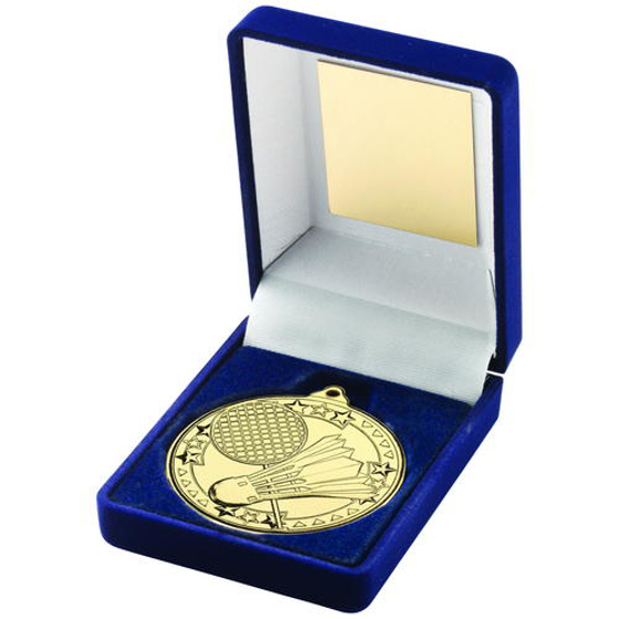 Blue Velvet Box And 50mm Medal Badminton Trophy - Bronze - 3.5in (102mm)