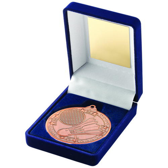 Blue Velvet Box And 50mm Medal Badminton Trophy - Gold - 3.5in (102mm)