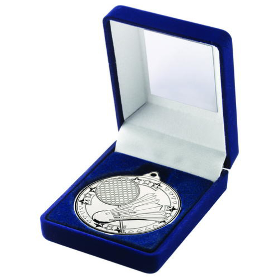 Blue Velvet Box And 50mm Medal Badminton Trophy - Silver - 3.5in (102mm)