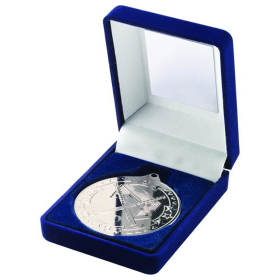 Blue Velvet Box And 50mm Medal Hockey Trophy - Silver 3.5in (89mm)