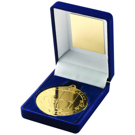 Blue Velvet Box And 50mm Medal Rugby Trophy - Bronze 3.5in (89mm)