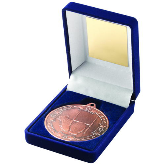 Blue Velvet Box And 50mm Medal Rugby Trophy - Gold 3.5in (89mm)