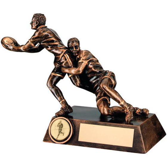 Brz/gold Double Rugby 'tackle' Figure Trophy - (1in Centre) 7.75in (197mm)