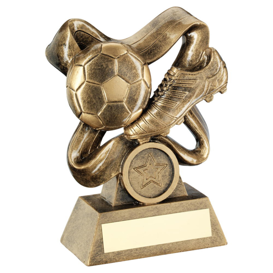 Brz/gold Football And Boot On Swirled Ribbon Trophy (1in Centre) - 6.25in (159mm)