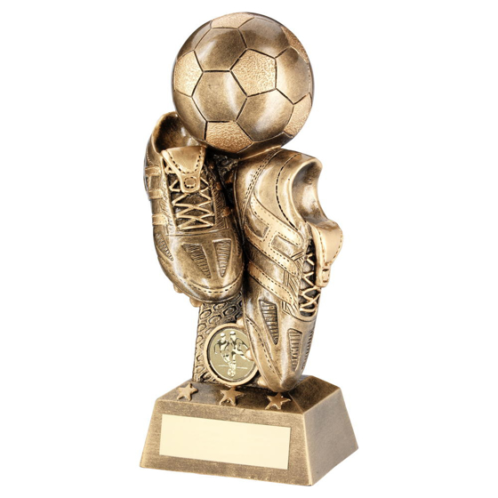 Brz/gold Football And Boots On Column Riser Trophy (1in Centre) - 8.75in (222mm)