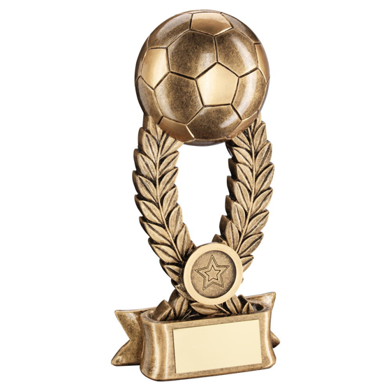 Brz/gold Football On Wreath Riser With Ribbon Base Trophy (1in Centre) - 10in (254mm)