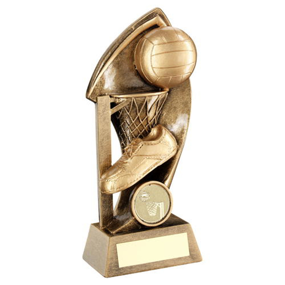 Brz/gold Netball With Twisted Backdrop Trophy (1in Centre) - 6.25in (159mm)