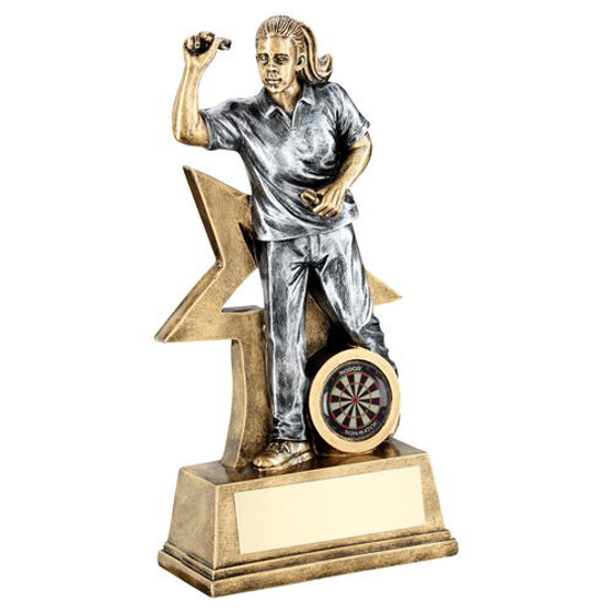 Brz/gold/pew Female Darts Figure With Star Backing Trophy (1in Centre) - 7in (178mm)