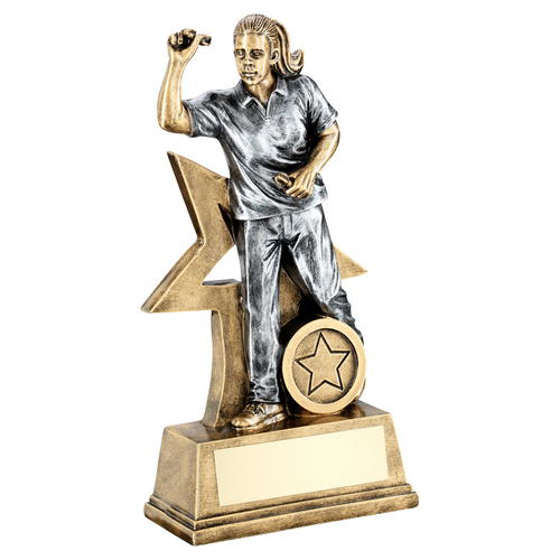 Brz/gold/pew Female Darts Figure With Star Backing Trophy (1in Centre) - 9in (229mm)