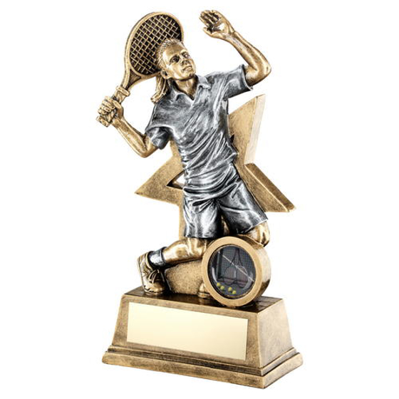 Brz/gold/pew Female Tennis Figure With Star Backing Trophy (1in Centre) - 7in (178mm)