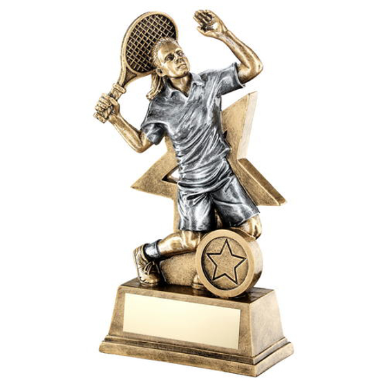 Brz/gold/pew Female Tennis Figure With Star Backing Trophy (1in Centre) - 9in (229mm)