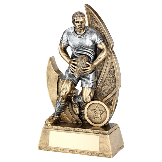 Brz/pew Male Rugby Figure On Backdrop Trophy (1in Centre) - 8.5in (216mm)