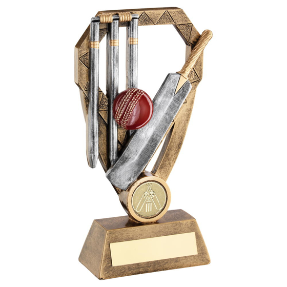 Brz/pew/gold Cricket Bat With Ball And Stumps On Diamond Trophy (1in Centre) - 7 (178mm)
