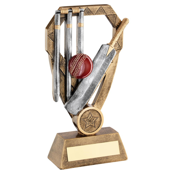 Brz/pew/gold Cricket Bat With Ball And Stumps On Diamond Trophy (1in Centre) - 8 (203mm)