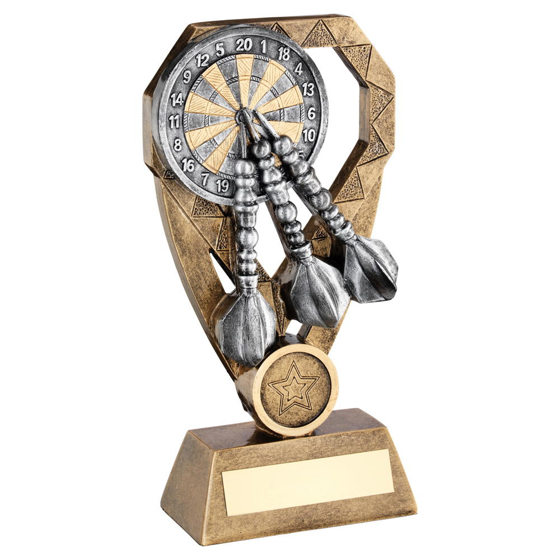 Brz/pew/gold Darts With Dartboard On Diamond Trophy (1in Centre) - 8in (203mm)