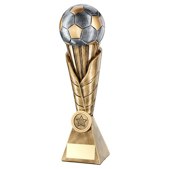 Brz/pew/gold Football On Leaf Burst Column Trophy (1in Centre) - 10.5in (267mm)