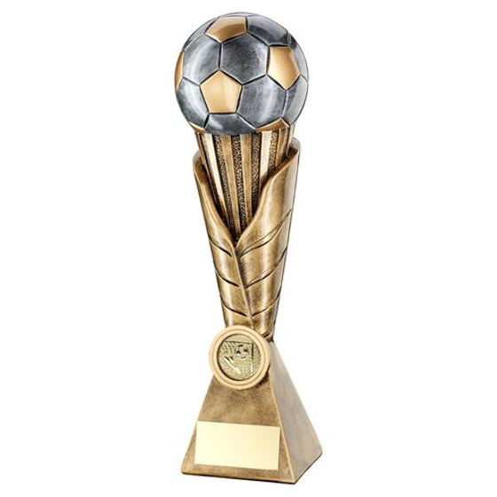 Brz/pew/gold Football On Leaf Burst Column Trophy (1in Centre) - 8.75in (222mm)