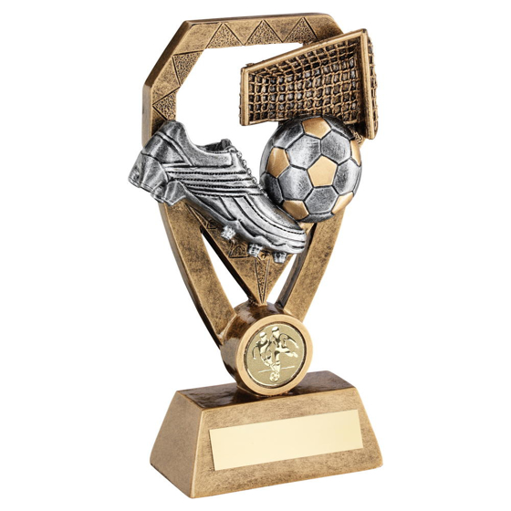 Brz/pew/gold Football With Boot And Net On Diamond Trophy (1in Centre) - 7in (178mm)