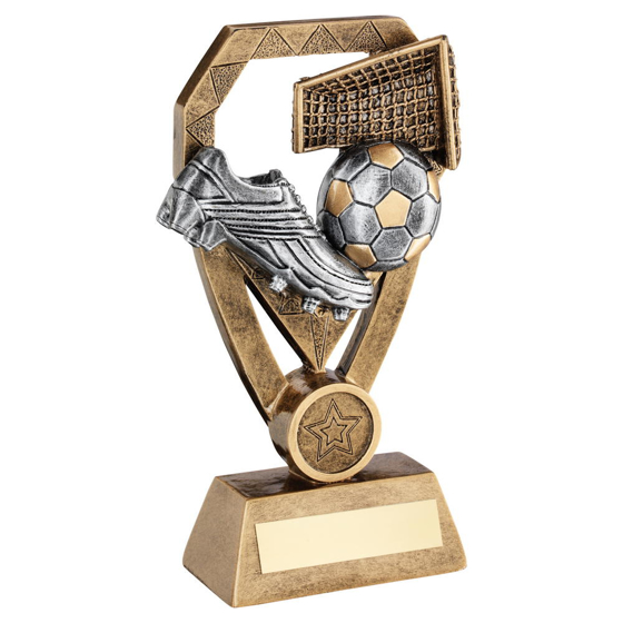 Brz/pew/gold Football With Boot And Net On Diamond Trophy (1in Centre) - 8in (203mm)