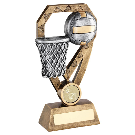Brz/pew/gold Netball With Net On Diamond Trophy (1in Centre) - 7in (178mm)
