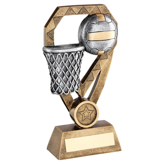 Brz/pew/gold Netball With Net On Diamond Trophy (1in Centre) - 8in (203mm)